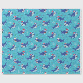 Schattige Happy Christmas Sharks op blauw Cadeaupapier (Vlak)