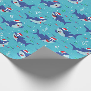 Schattige Happy Christmas Sharks op blauw Cadeaupapier