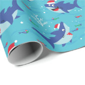 Schattige Happy Christmas Sharks op blauw Cadeaupapier (Rol Hoek)