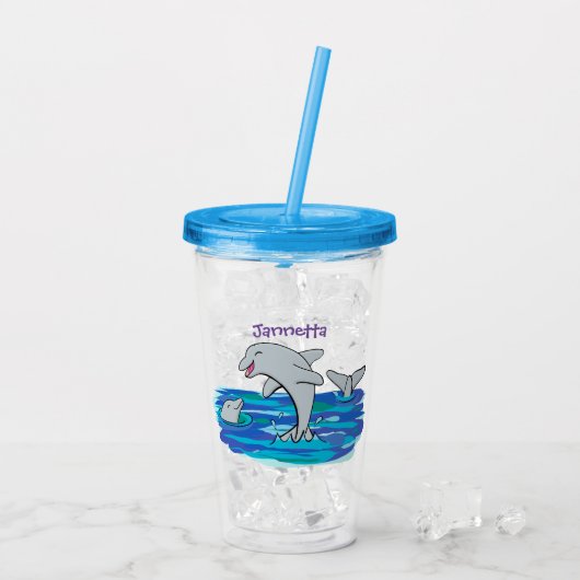 Schattige happy dolphins cartoon illustratie acryl drinkbeker (Achterkant ijs)