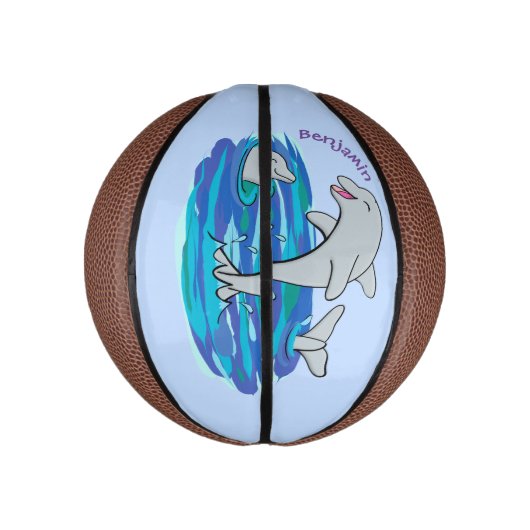 Schattige happy dolphins cartoon illustratie basketbal (Verticaal)