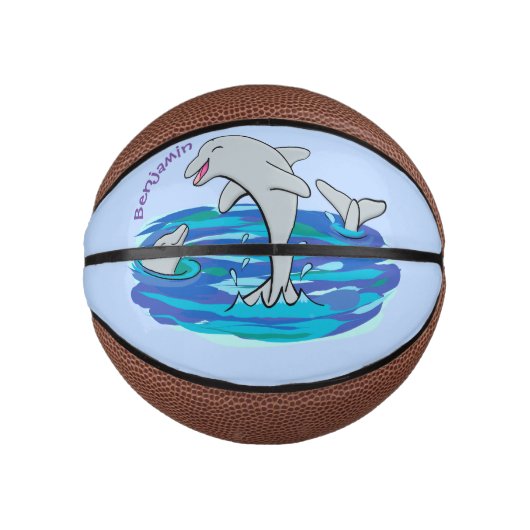 Schattige happy dolphins cartoon illustratie basketbal (Voorkant)