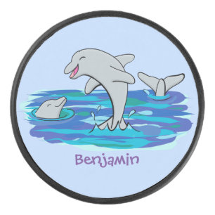 Schattige happy dolphins cartoon illustratie hockey puck