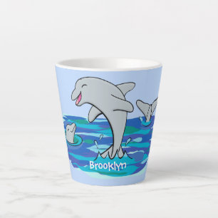 Schattige happy dolphins cartoon illustratie latte mok