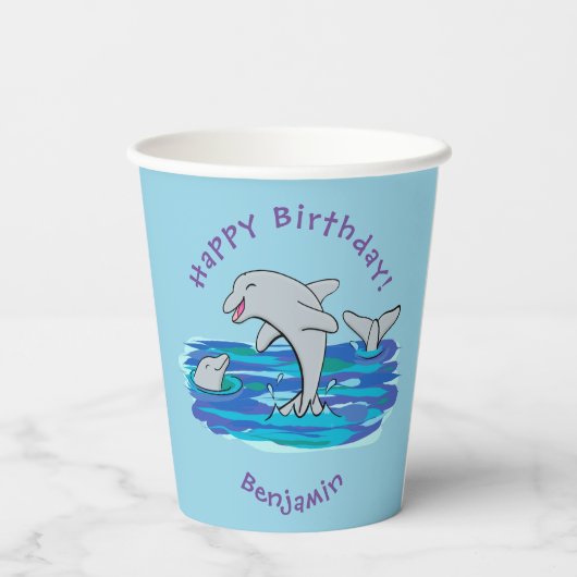 Schattige happy dolphins cartoon illustratie papieren bekers (Achterkant)