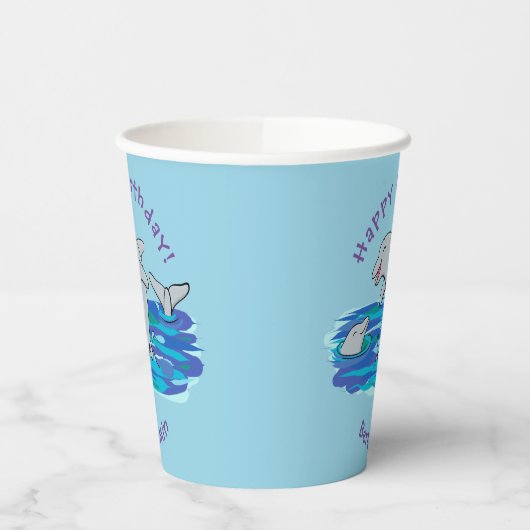 Schattige happy dolphins cartoon illustratie papieren bekers (Links)