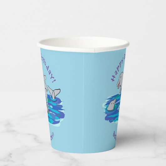 Schattige happy dolphins cartoon illustratie papieren bekers (Rechts)