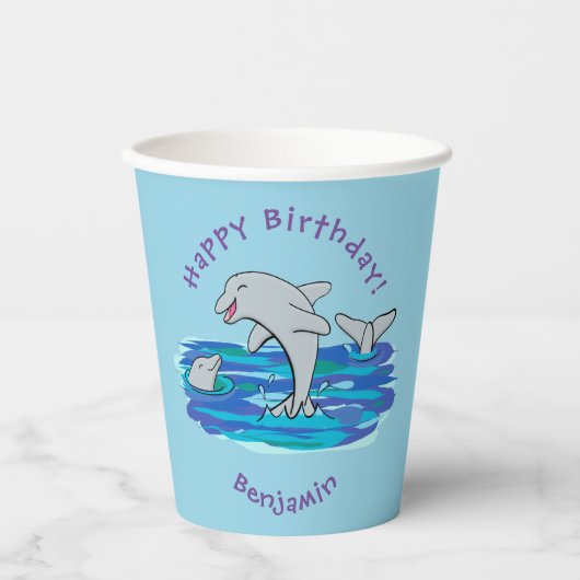 Schattige happy dolphins cartoon illustratie papieren bekers (Voorkant)