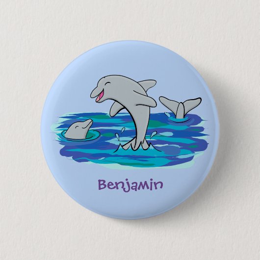 Schattige happy dolphins cartoon illustratie ronde button 5,7 cm (Voorkant)