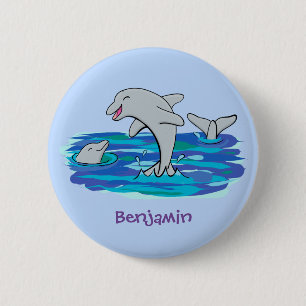 Schattige happy dolphins cartoon illustratie ronde button 5,7 cm
