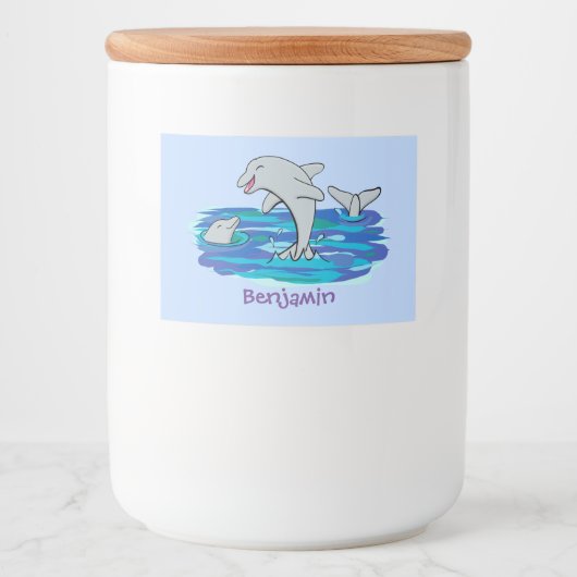 Schattige happy dolphins cartoon illustratie voedselcontainer etiket (Voorkant)