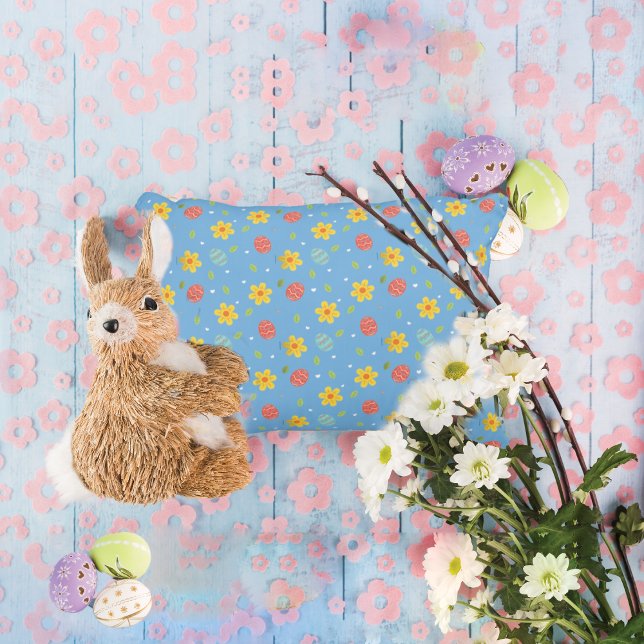 Schattige Happy Easter Bunny Eggs Bloemenblauw Accent Kussen (Creator heeft geüpload)