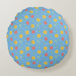 Schattige Happy Easter Bunny Eggs Bloemenblauw Rond Kussen