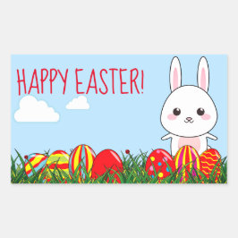 Schattige Happy Easter Bunny & Eggs op gras Rechthoekige Sticker