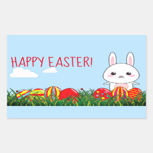 Schattige Happy Easter Bunny & Eggs op gras Rechthoekige Sticker
