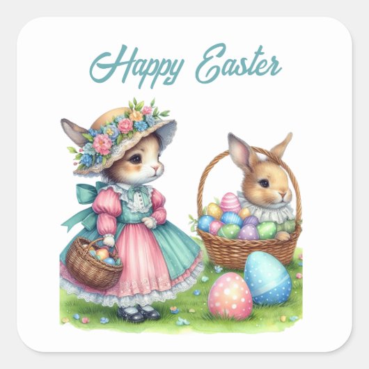 Schattige happy easter bunny tekst toevoegen vierkante sticker (Voorkant)