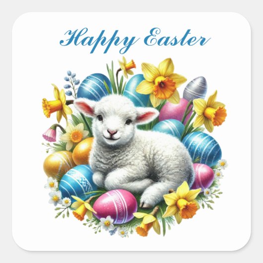 Schattige Happy Easter lamb Vierkante Sticker (Voorkant)