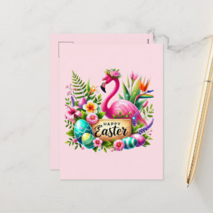 Schattige Happy Easter pink flamingo voeg bericht Feestdagenkaart