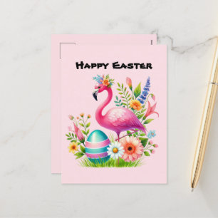 Schattige Happy Easter pink flamingo voeg bericht Feestdagenkaart