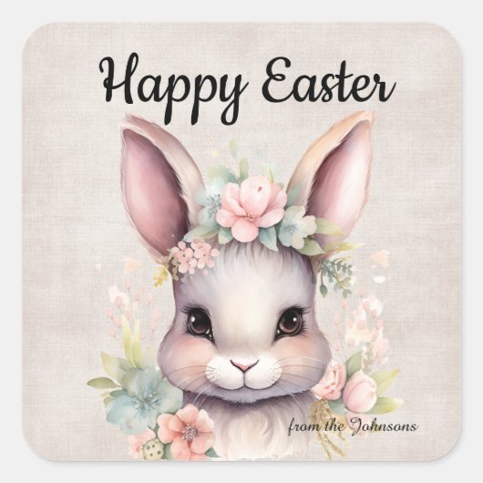 Schattige Happy Easter Waterverf Bunny Vierkante Sticker (Voorkant)