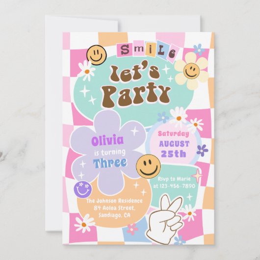 Schattige Happy Face Smile Groovy Checkered Verjaa Kaart (Voorkant)