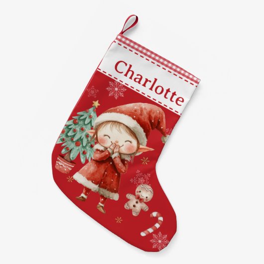 Schattige Happy Girl Elf Red Gingham Kleine Kerstsok (Voorkant (Hangend))