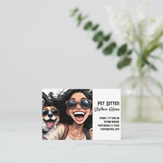 Schattige Happy Girl Pet Sitter Dog Walker Visitekaartje (Staand voorkant)