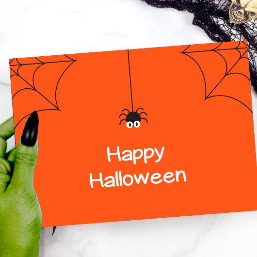 Schattige Happy Halloween Hangende Spin met Web Kaart