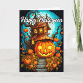 Schattige Happy Halloween pompoen & spookhuis Kaart (Voorkant)