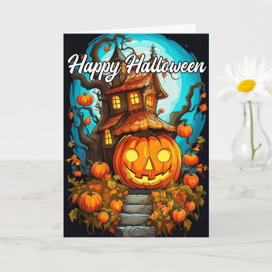Schattige Happy Halloween pompoen & spookhuis Kaart (Kleine Plant)
