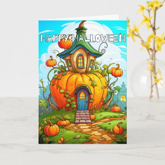 Schattige Happy Halloween Pumpkin House Kaart (Gele Bloem)