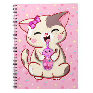 Schattige Happy Kat Roze Strawberry Milk Notitiebo Notitieboek