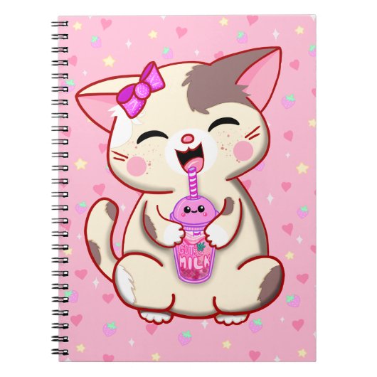 Schattige Happy Kat Roze Strawberry Milk Notitiebo Notitieboek (Voorkant)
