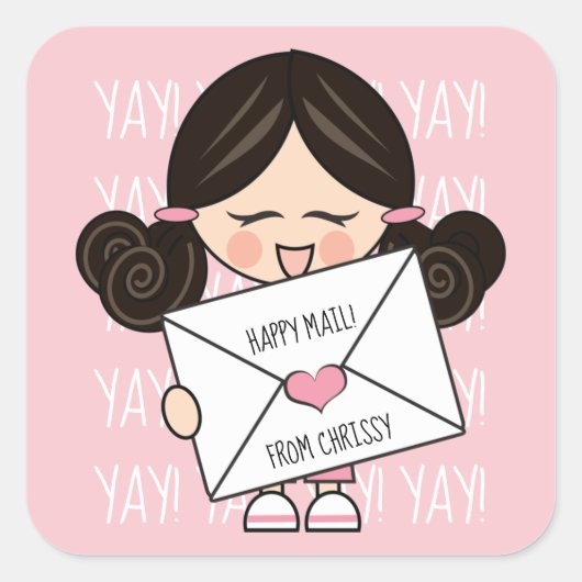 Schattige Happy Mail Aziatisch Meisje Roze Hart Se Vierkante Sticker (Voorkant)