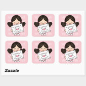 Schattige Happy Mail Aziatisch Meisje Roze Hart Se Vierkante Sticker (Vel)