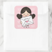 Schattige Happy Mail Aziatisch Meisje Roze Hart Se Vierkante Sticker (Tas)