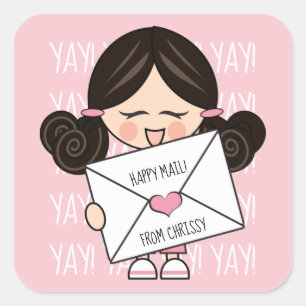 Schattige Happy Mail Aziatisch Meisje Roze Hart Se Vierkante Sticker