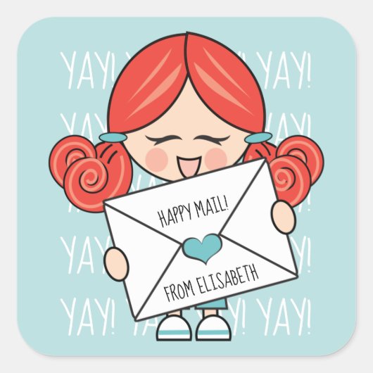 Schattige Happy Mail Redhead Meisje Roze Hart Seal Vierkante Sticker (Voorkant)