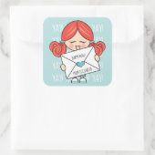 Schattige Happy Mail Redhead Meisje Roze Hart Seal Vierkante Sticker (Tas)