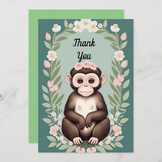 Schattige Happy Monkey Flat Dank u kaart (Voorkant / Achterkant)