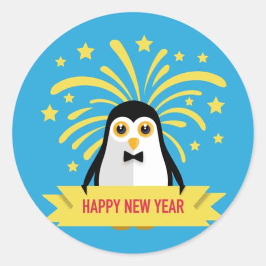 Schattige Happy New Year Penguin met Fireworks Ronde Sticker (Voorkant)
