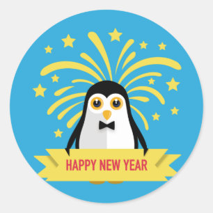Schattige Happy New Year Penguin met Fireworks Ronde Sticker