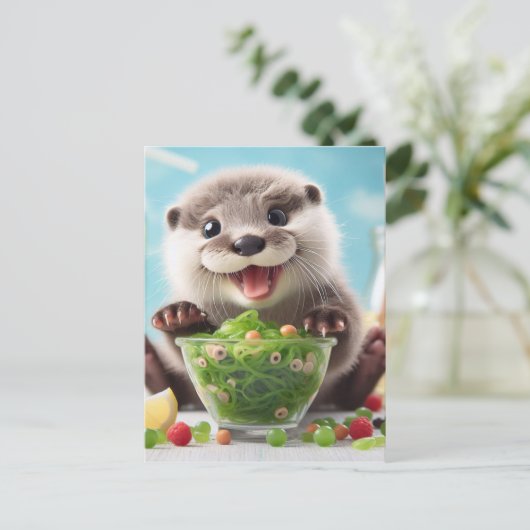 Schattige Happy Otter Het maken van een salade Briefkaart (Staand voorkant)