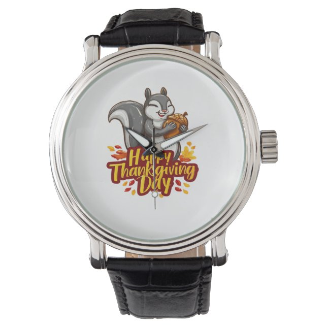 Schattige Happy Thanksgiving Squirrel Classic T-sh Horloge (Voorkant)
