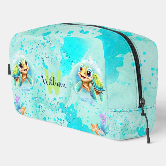 Schattige Happy Turtle Boy Ocean Turquoise Naam Toilettasje (Rechterhoek)