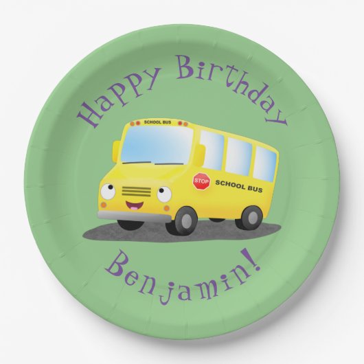 Schattige Happy Yellow schoolbus Gepersonaliseerd Papieren Bordje (Voorkant)