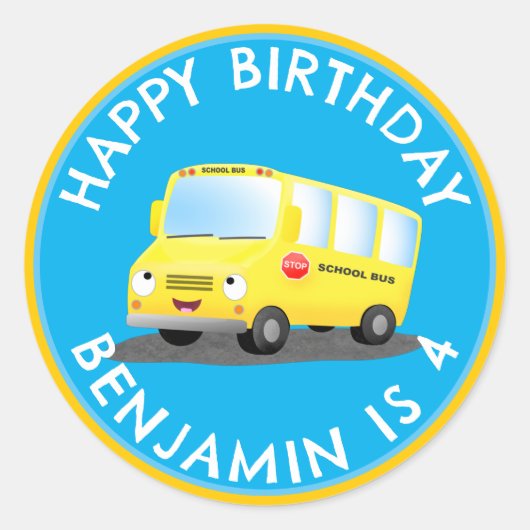 Schattige Happy Yellow schoolbus Gepersonaliseerd  Ronde Sticker (Voorkant)