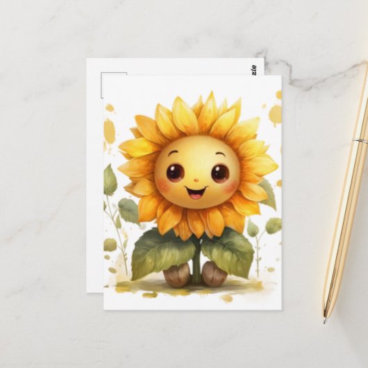 Schattige & Happy Yellow Zonnebloem Briefkaart (Voorkant / Achterkant in situ)