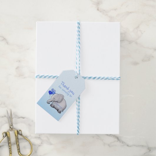 Schattige hart ballonnen olifant blauw baby jongen cadeaulabel (Met Touw)