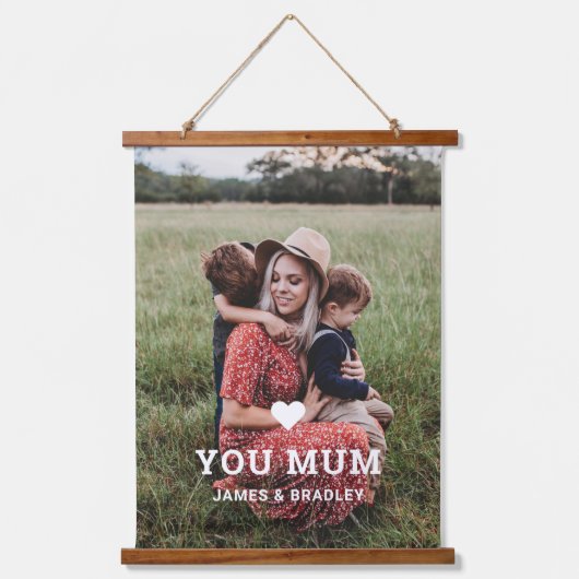 Schattige HART HOUDT VAN JE MAM Moederdag Foto Hangend Wandkleed (Voorkant)